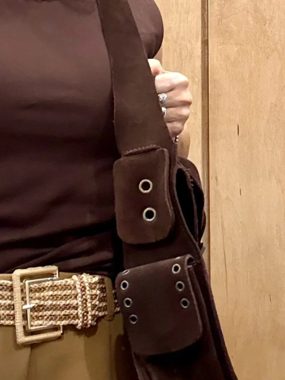 Vintage Dolce & Gabbana Brown Suede Grommet Shoulder Bag Y2K Leopard D&G